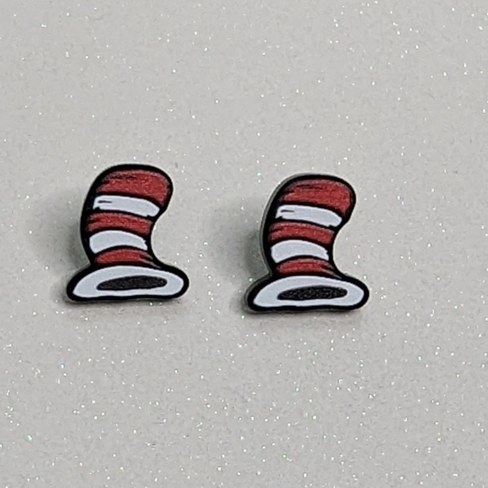 Dr. Seuss red and white striped acrylic stud earrings